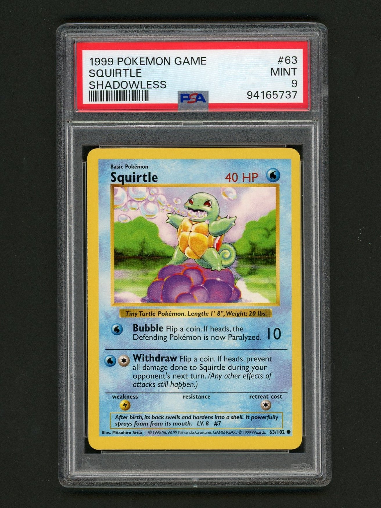 1999 Pokémon Base Set Shadowless Squirtle PSA 9